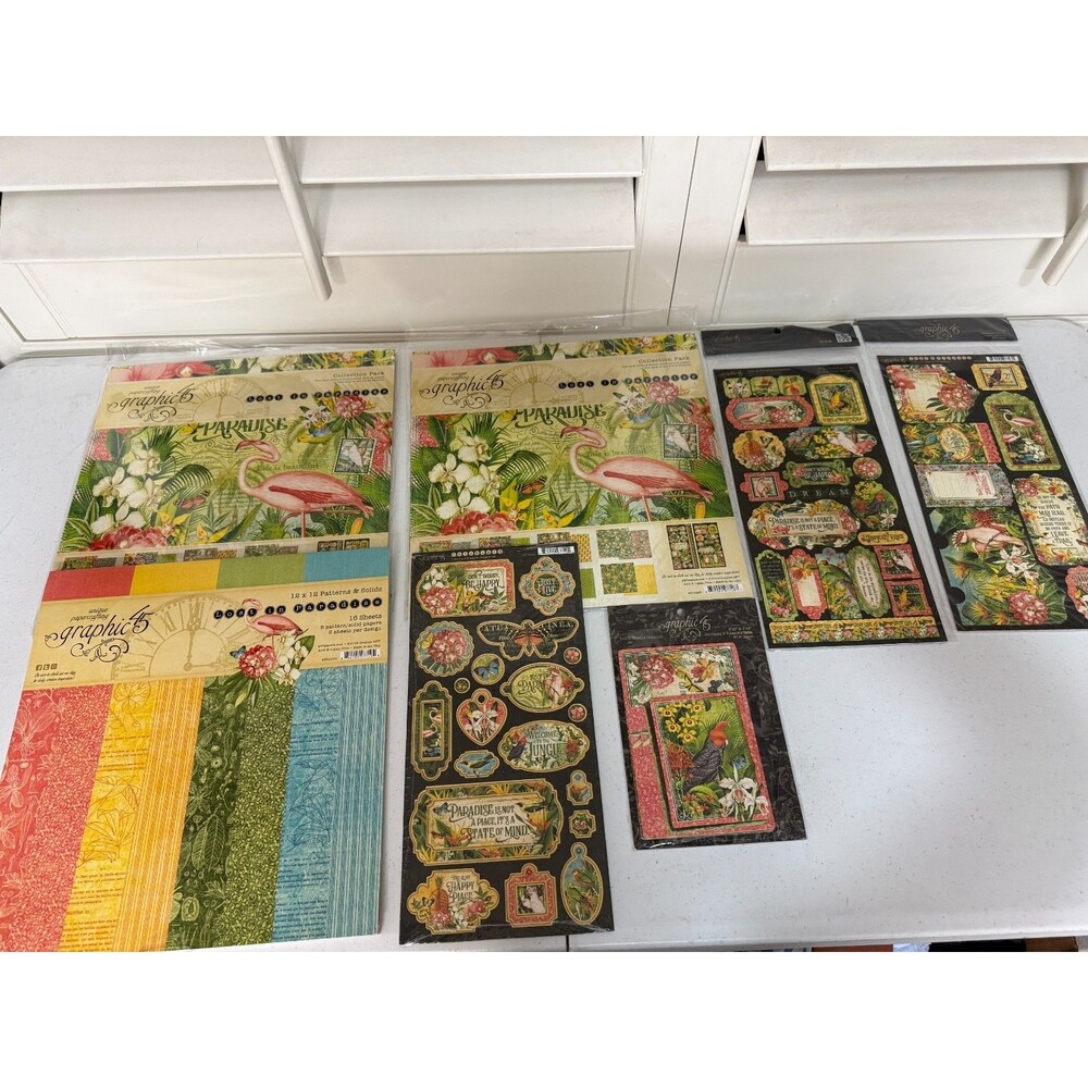 Graphic 45 Lost In Paradise Collection Lot Paper Stickers Ephemera Chipboard Tag